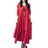HIMONE Long Sleeve Solid Color Tunic Dress For Lady V-Neck Button Down Maxi Dress Womens Ruffle Pleated T Shirt Dress Irregular Hem Fake Two Piece Dress Plus Size