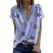 Women's V Neck Short Sleeve Lace Neck T-shirt, Summer Star Blouses Vintage Elegant Tunic Shirt Tops, Blue, 3XL