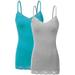 Women's Junior & Plus Adjustable Spaghetti Strap Lace Trim Tunic Tank Top - (2 Pack - Heather Grey/Teal, Medium)