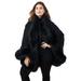 Jessica London Women's Plus Size Faux Fur Trim Cape Wool Poncho Hook And Eye Closure