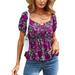 Boho Floral Loose Tunics Blouse Tops For Women Ruffle Hem Swing T-Shirts Tops Holiday Party Fashion Print Tee Shirts