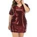 Avamo Womens Plus Size Glitter V-Neck Dress Short Sleeve Bodycon Sequin Dresses Party Club Sparkly Evening Mini Dress