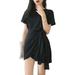 CATLERIO Stylish temperament Slim O-neck short-sleeved solid color casual lace-up dress