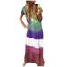 Spftem Women Plus Size Daily Tie-dyed Color Block Loose V Neck Short Sleeve Dress