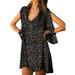 Women's Short Beach Boho Sun Dress Deep V Neck Ploka Dot Loose Casual Cold Shoulder Summer Skater Short Mini Dresses Shirt Dress Plus Size S-5XL