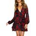 Women V Neck Floral Long Sleeve A-Line Wrap Ruffle Flowy Mini Swing Short Party Dress With Belt