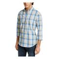 CLUBROOM Mens Blue Plaid Collared Stretch Dress Shirt S