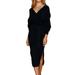 Fashion Winter Women Long Sleeve Casual V-Neck Sweater Midi Dress Ladies Slim Fit Maxi Wrap Kimono Knit Dress Evening Prom Cocktail Party Sexy Bodycon Split Sweater Long Dress With Waist Tie