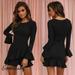 Women Black Long Sleeve Ruffle Bodycon Beach Evening Clubwear Dress