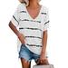 New Women's Casual Loose Top Tie Dye Stripe Printed Shirts V Neck Short Sleeve T Shirt