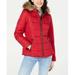 New Celebrity PINK Women's RED Puffer Jacket Coat Faux Fur Trim hood Size L