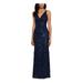XSCAPE Womens Navy Sequined Solid Sleeveless V Neck Full-Length Body Con Evening Dress Size 12