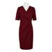 Tahari ASL V-Neck Short Sleeve Gathered Side Zipper Back Solid Gauze Crepe Dress-BRICK RED