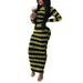 Long Sleeve Print Striped Long Maxi Dress For Women Slim Fit Party Evening Cocktail Pencil Long Dress Casual Bodycon Dress