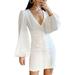 Winnereco White Dress Women Puff Sleeve Deep V Neck Autumn Mini Short Dress (S)