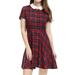 Unique Bargains Women's Checks Peter Pan Collar Puff Sleeves Above Knee Dress