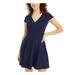 B DARLIN Womens Navy Zippered Tie Back Solid Short Sleeve V Neck Short Fit + Flare Dress Size 5\6