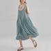 Women Vintage Loose Cotton Dress Spaghetti Straps High Waist Solid Casual Midi Dress