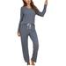 Women 2 Piece Outfits Sets V-Neck Waffle Knit T-Shirts and Pants Pajamas Sets