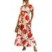 Sexy Dance Womens Short Sleeve Smocked Empire Waist Long Maxi Dress Button Up Waistband Floral Long Dress Red (Flower) M(US 6-8)