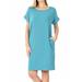 Women & Plus Round Neck Rolled Sleeve Knee Length Tunic Shirt Dress with Pockets (Dusty Teal, XL)