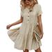 UKAP Women Short Sleeve Midi Dress Boho Beach Button Down Pleated Short Dresses Ladies Casual Flowy Tiered Dress Apricot L(US 12-14)