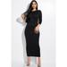 Solid Black 3/4 Sleeve Midi Dress With Back Cut Out Design