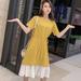 Novel Design Patchwork Women Dresses Summer Short Sleeve Lace Up Casual Simple A-Line Fake Two Piece Loose Dress