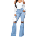 Women's Bell Bottom Jeans Ripped Hole Classic Denim Flare Pants Destoryed Flare Jeans Elastic Waist Bell Bottom Raw Hem Denim Pants