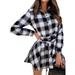 STARVNC Women Plaid Printed Lapel Collar Buttons Waistband Mini Dress