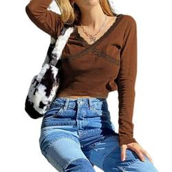 Nude V-neck Crop Top Knitwear Women T-shirt Tops Long Sleeve Women Sexy V-neck V Neck Casual Lace Stitching Women's Tops