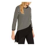 ANNE KLEIN Womens Black Striped 3/4 Sleeve Jewel Neck Trapeze Wear To Work Top Size M