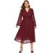 New Fashion Women Plus Size Dress Crochet Lace Solid Deep V Neck Flare Long Sleeve Party Slim Dress Dark Blue/Burgundy