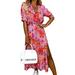 Sexy Dance Summer Casual Dress For Women Short Sleeve V Neck Sexy Side Slit A-Line Midi Dress Vintage Floral Print Flowy Boho Beach Maxi Dress