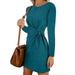 Tomshoo Fashion Women Solid Long Sleeves Dress Tie Knot Waist Ruched Front O Neck Autumn Spring Casual Dress