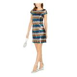 VINCE CAMUTO Womens Blue Striped Short Sleeve Jewel Neck Short Sheath Party Dress Size 4