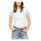 FREE PEOPLE Womens Blue Tie Dye Short Sleeve Jewel Neck Crop Top Top Size M