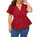 ã€–Follureã€—Plus Size Women's Plus Size V Neck Short Sleeve Shirt Top Polka Dot Knot Front Blouse