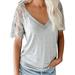 Avamo Womens Fashion T-Shirts Casual Lace Trim V Neck T Shirts Loose Fit Blouses Tunic Shirts Tops S-XXL Gray XXL(US 20-22)