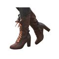 Womens Winter High Heel Mid Calf Military Buckle Lace Up Boots Motorcycle Shoes