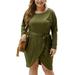 Plus Size XL-4XL Women Long Sleeve Crew Neck Dress Belted Empire Waist Wrap Hem Slit Asymmetrical High Low Bohemian Party Midi Dress