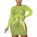 Women Sexy Long Sleeve Crew Neck Mini Dress Mesh See-through Sundress