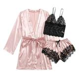 Aimik Women's Sleepwear 4pcs Floral Lace Trim Satin Cami Pajama Set with Robe Sexy Pajama