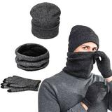 Men Hat Gloves Scarf Set Winter Warm Thick Scarves Touch Screen Cotton Gloves Gray