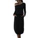 Women Long Sleeve Elastic Waist Midi Long Dress Casual Off Shoulder Pockets Side Split Shirt Dress Autumn Fashion Overall Dresses