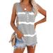 Womens Striped Tie Dye Print Tank Top Henley Shirts Scoop Neck Workout Casual Button Down Tunic Tops