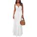 Yesbay Summer Beach Bohemian Women Solid Color Sleeveless V Neck Belted Maxi Dress White