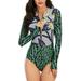 Sexy Dance Women's Long Sleeve Rashguard Swimsuit Zip Color Block Floral Leaf Tankini Swimwear Sun UV Protection Surfing Rash Guard