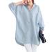 Women Summer Loose Blouse Turn-down Collar Solid Tops Long Sleeve Button Blouse