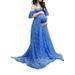 UKAP Maternity Off Shoulder Ruffle Sleeve Lace Trailing Elegant Dress Women's Gown Maxi Photography Dress Blue XL(US 12-14)